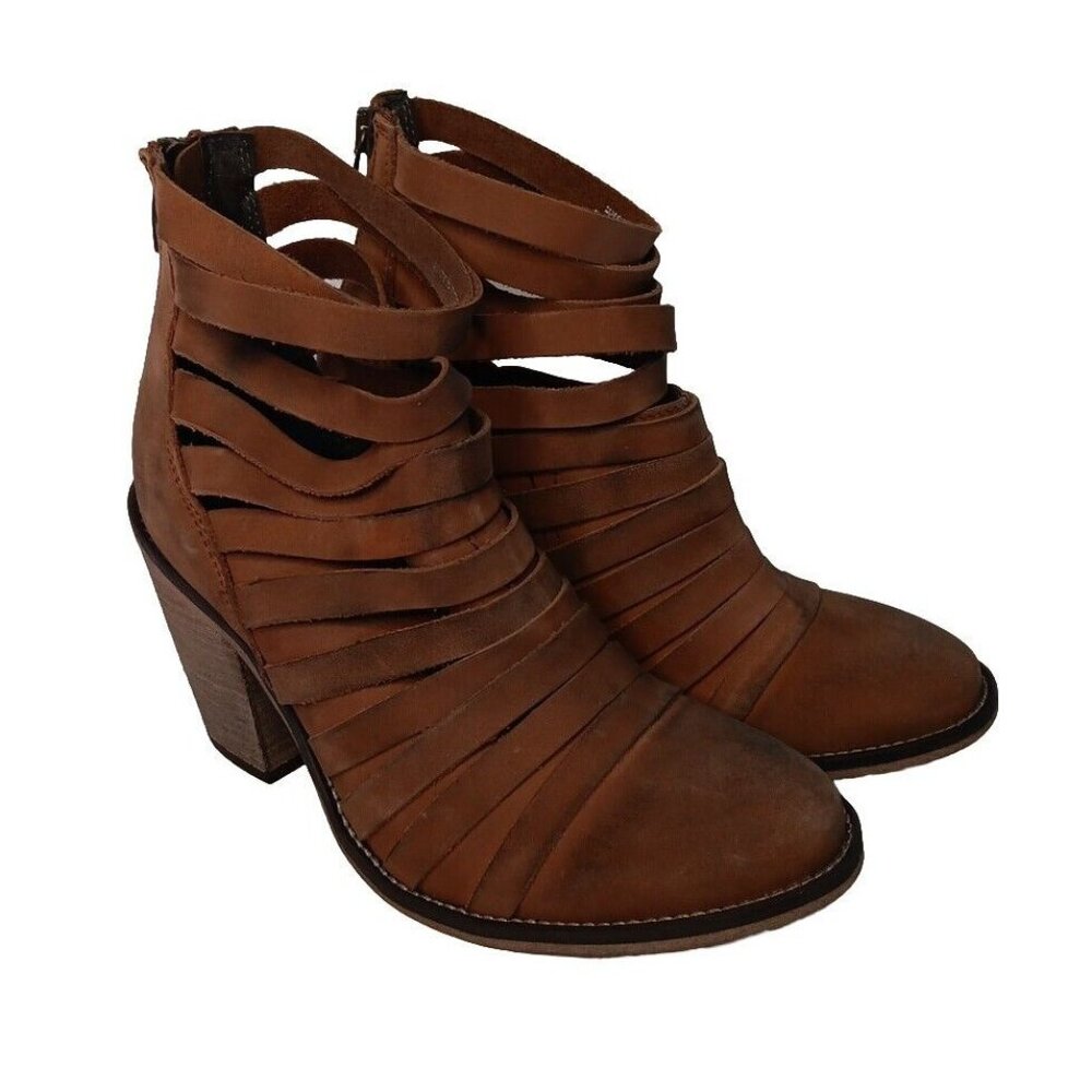 Free People Women 7 Hybrid Leather Strappy Ankle Booties Brown Stacked 3.5" Heel - Picture 1 of 10